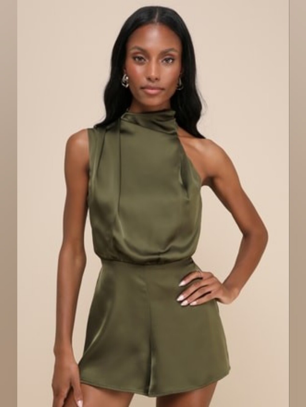NWT * Lulu's Advantageous Perfection Olive Green Satin Asymmetrical Romper - XL